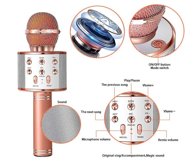 WS-858 bezvadu karaoke mikrofons - Bluetooth rokas skaļrunis, rozā zelta цена и информация | Mikrofoni | 220.lv