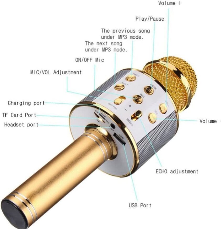 WS-858 bezvadu karaoke mikrofons - Bluetooth rokas skaļrunis, zelta cena un informācija | Mikrofoni | 220.lv