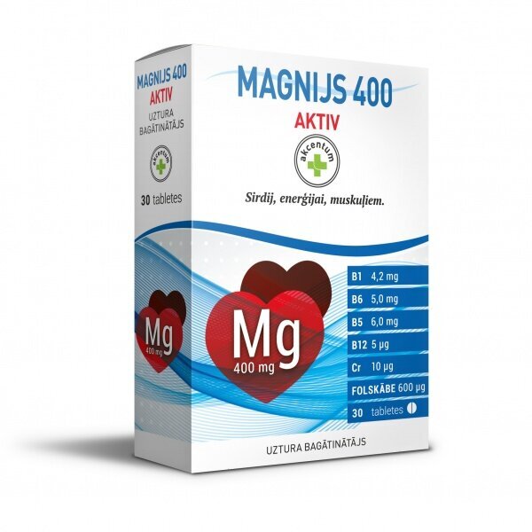 Uztura bagātinātājs Akcentum Magnijs 400 Aktiv+B1+B6+B5+B12+Cr+Folskābe tab. N30 цена и информация | Vitamīni, preparāti, uztura bagātinātāji labsajūtai | 220.lv