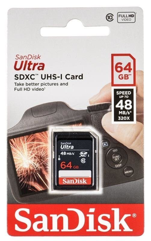 Atmiņas karte SANDISK 64GB Ultra SDHC 48MB/s Class 10 UHS-I cena un informācija | Atmiņas kartes fotokamerām | 220.lv