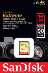 Atmiņas karte SANDISK 16GB Extreme SDHC Card 90MB/s Class 10 UHS-I U3 cena un informācija | Atmiņas kartes fotokamerām | 220.lv