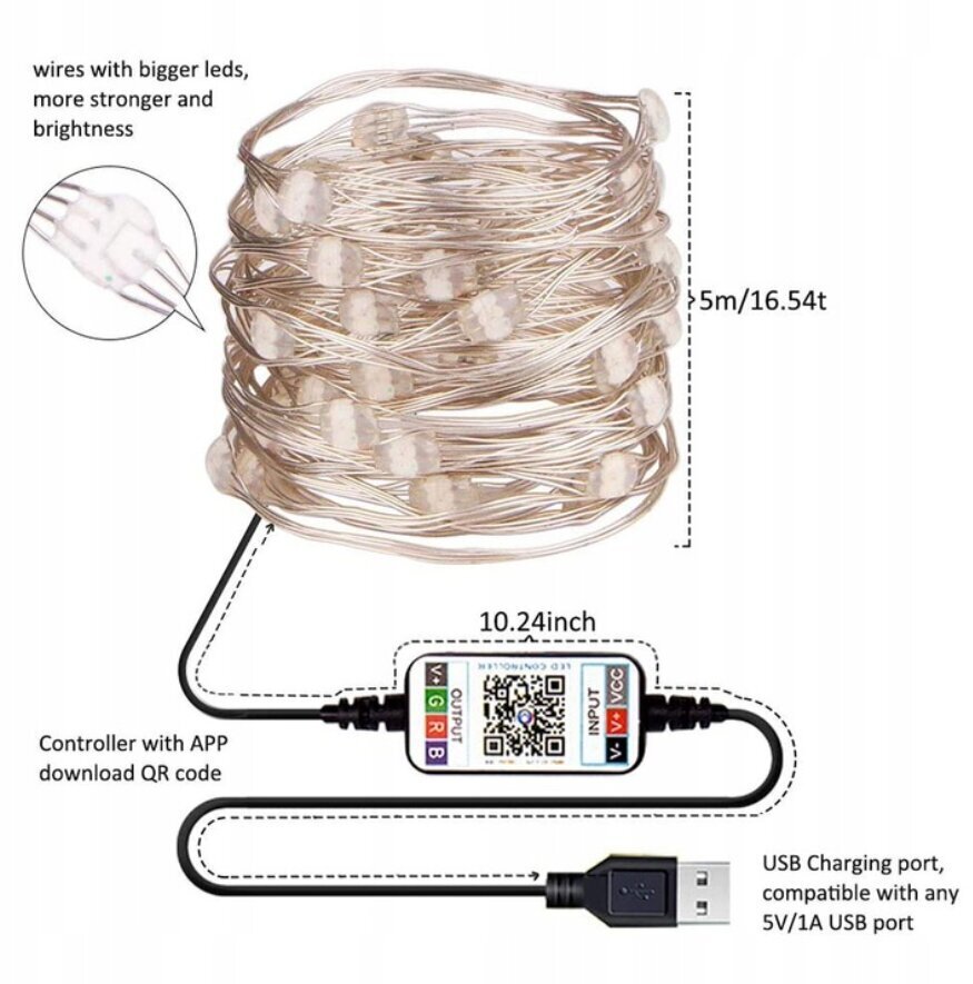 Dekoratīva LED virtene 10M 100 LED + BLUETOOTH, RGB cena un informācija | Ziemassvētku lampiņas, LED virtenes | 220.lv