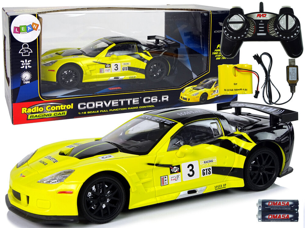 Radiovadāma sporta automašīna Corvette C6.R 1:18, dzeltena cena un informācija | Rotaļlietas zēniem | 220.lv