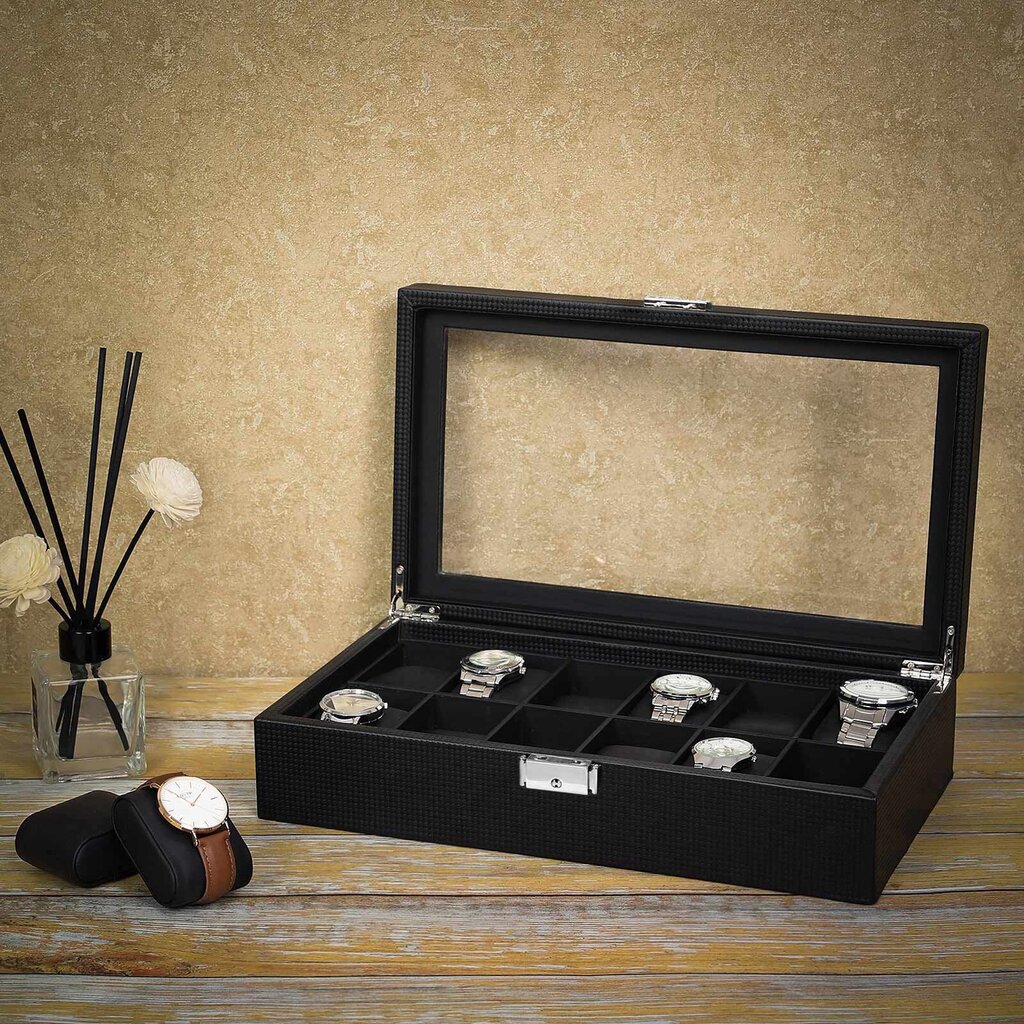 Pulksteņu kaste 12 rokas pulksteņiem ar vāciņu melna cena un informācija | Interjera priekšmeti | 220.lv