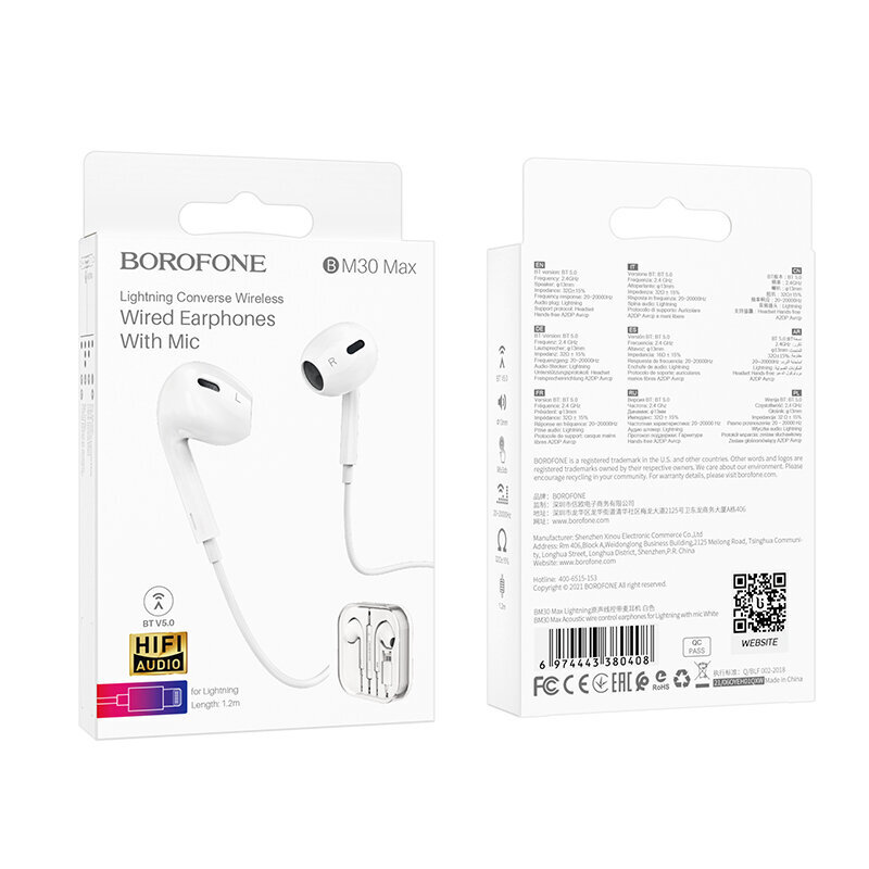 Borofone Earphones BM30 Max Acoustic ar Lightning spraudni ar mikrofonu baltā krāsā cena un informācija | Austiņas | 220.lv