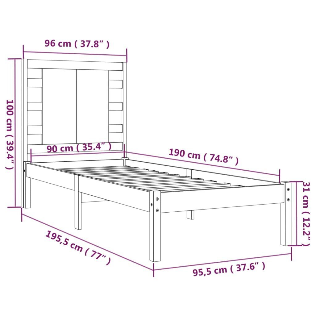 vidaXL gultas rāmis, masīvkoks, 90x190 cm, 3FT, vienvietīgs cena un informācija | Gultas | 220.lv