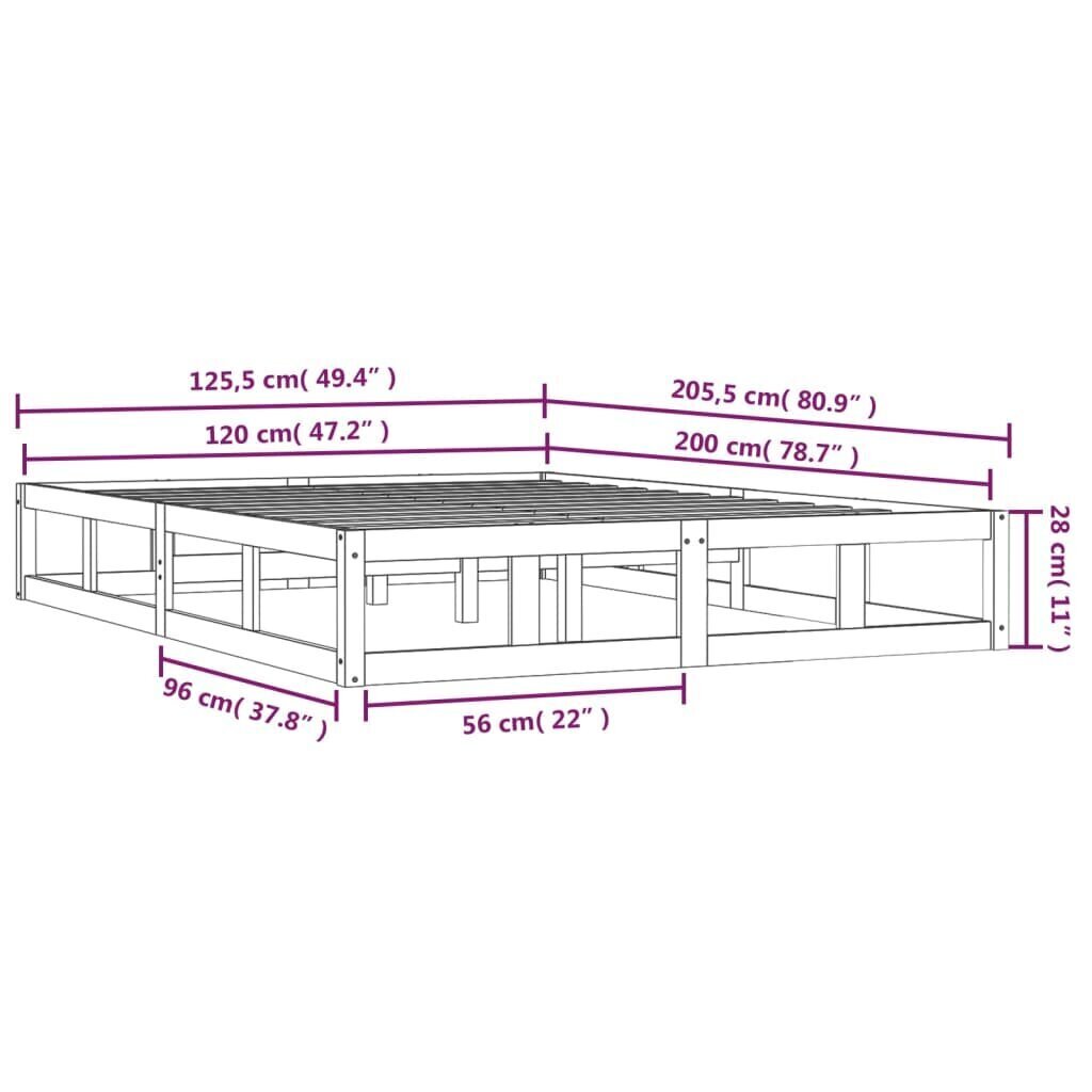 vidaXL gultas rāmis, pelēks, 120x200 cm, masīvkoks cena un informācija | Gultas | 220.lv