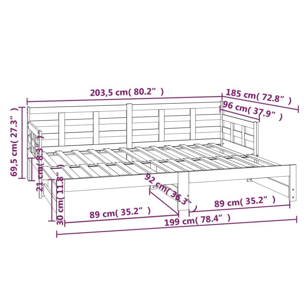 vidaXL izvelkama gulta, balta, priedes masīvkoks, 2x(90x200) cm цена и информация | Gultas | 220.lv