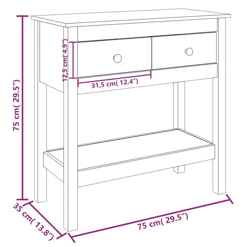 vidaXL konsoles galdiņš, balts, 75x35x75 cm, priedes masīvkoks cena un informācija | Konsoles galdiņi | 220.lv