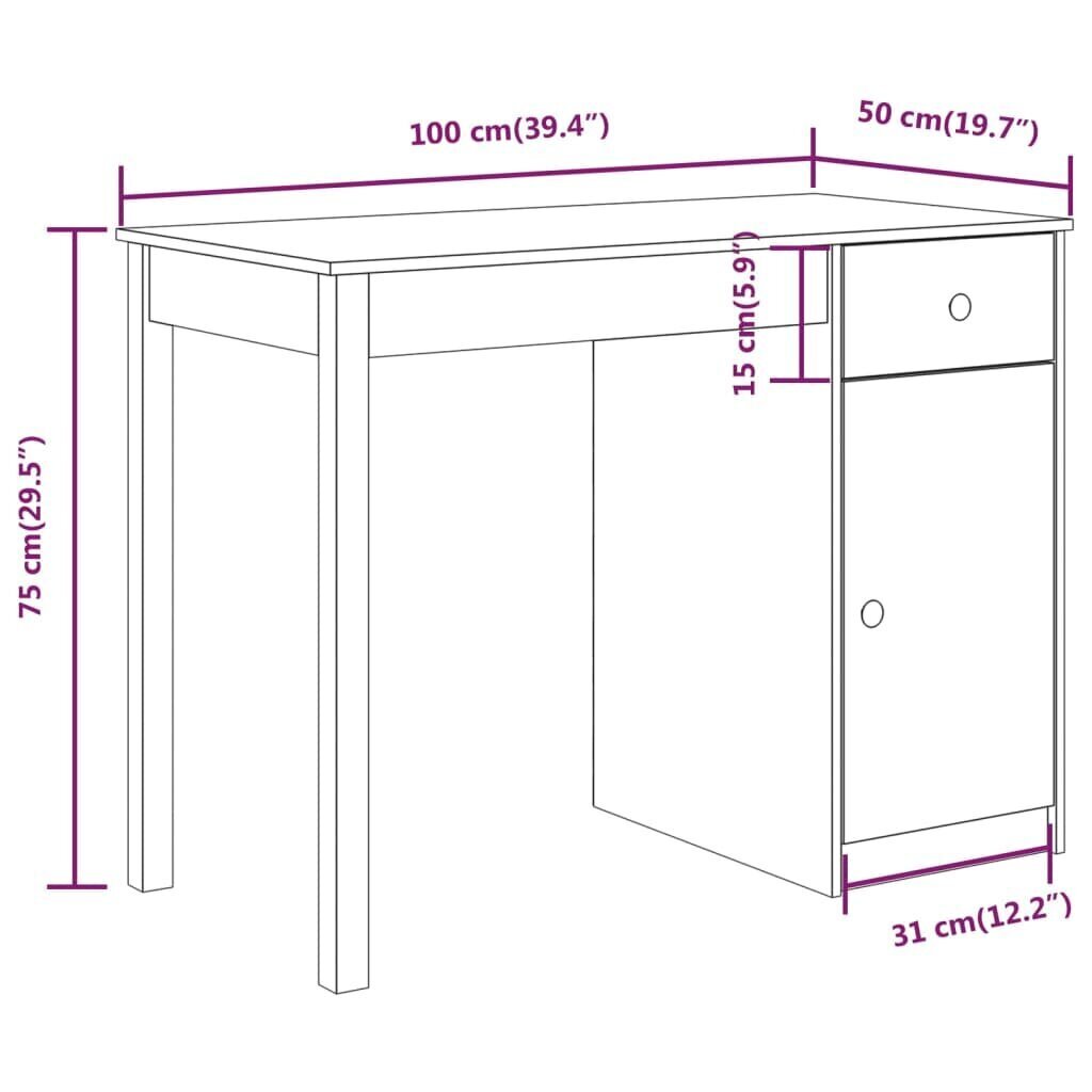 vidaXL rakstāmgalds, balts, 100x50x75 cm, priedes masīvkoks cena un informācija | Datorgaldi, rakstāmgaldi, biroja galdi | 220.lv