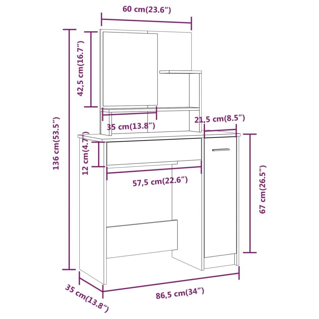 vidaXL spoguļgaldiņa komplekts, spīdīgi balts, 86,5x35x136 cm cena un informācija | Kosmētikas galdiņi | 220.lv