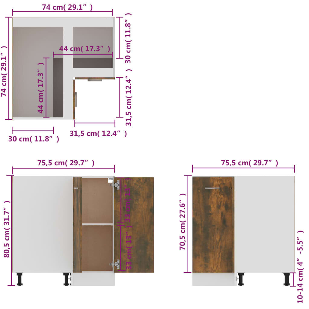 vidaXL virtuves skapītis, ozola, 75,5x75,5x80,5 cm, inženierijas koks cena un informācija | Virtuves skapīši | 220.lv