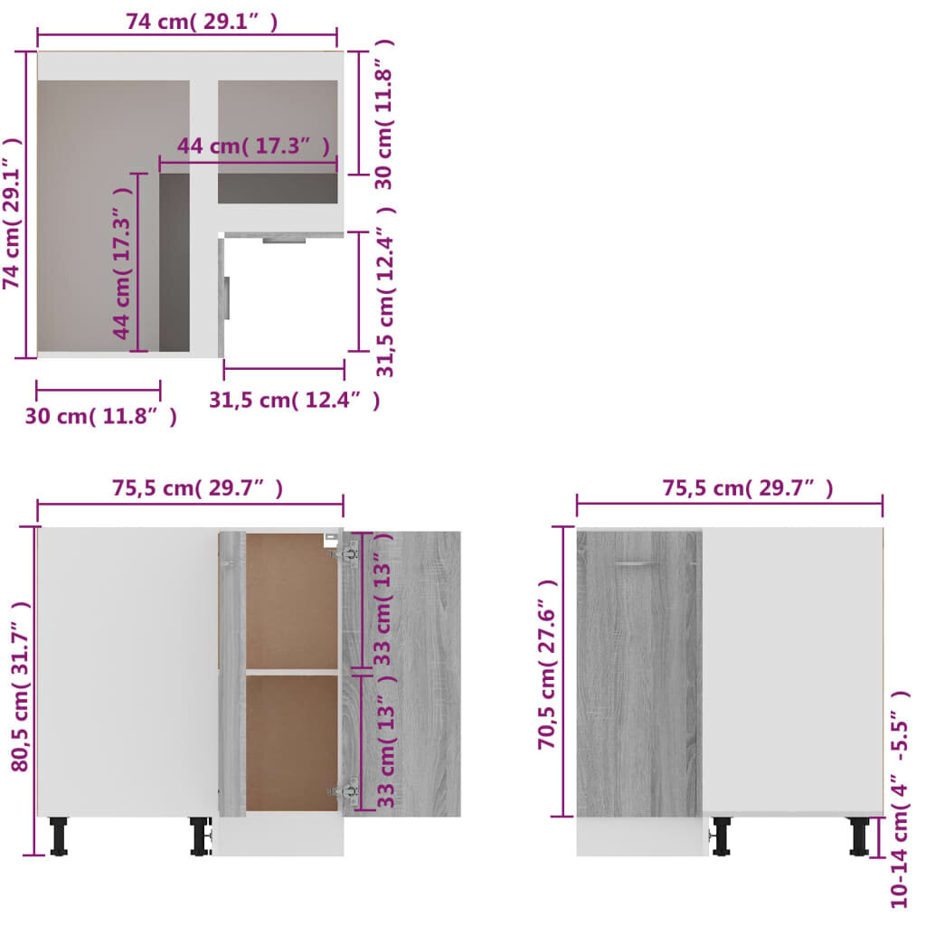 vidaXL virtuves skapītis, pelēks, 75,5x75,5x80,5 cm, inženierijas koks цена и информация | Virtuves skapīši | 220.lv