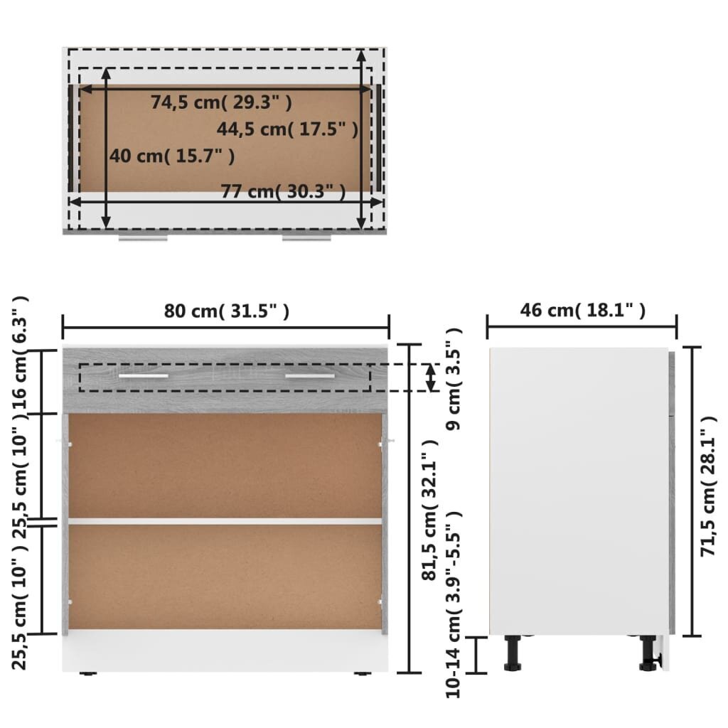 vidaXL apakšējais skapītis, pelēcīgs, 80x46x81,5 cm, inženierijas koks цена и информация | Virtuves skapīši | 220.lv