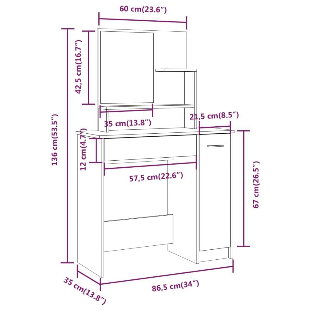 vidaXL galdiņš ar spoguli, betona pelēks, 86,5x35x136 cm cena un informācija | Kosmētikas galdiņi | 220.lv