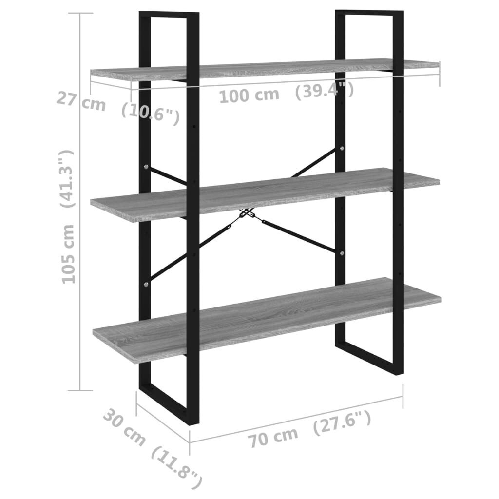 vidaXL grāmatu plaukts, pelēka ozola, 100x30x105 cm, inženierijas koks cena un informācija | Plaukti | 220.lv