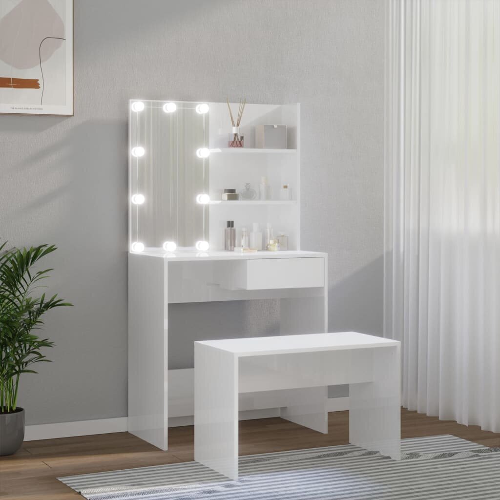 Tualetes galdiņa komplekts ar LED, balts, koka, blizgus cena un informācija | Kosmētikas galdiņi | 220.lv