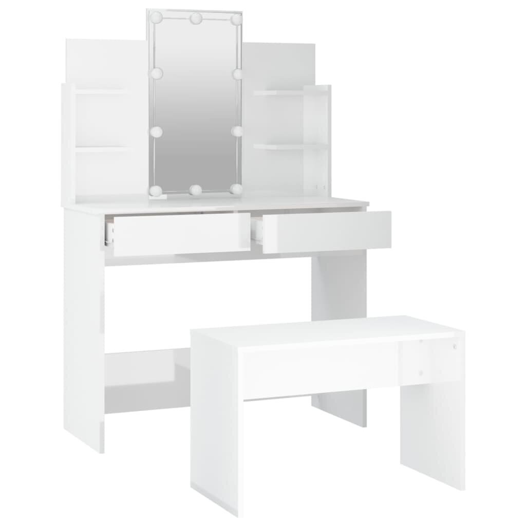 Tualetes galdiņa komplekts ar LED, balts, koka, blizgus цена и информация | Kosmētikas galdiņi | 220.lv
