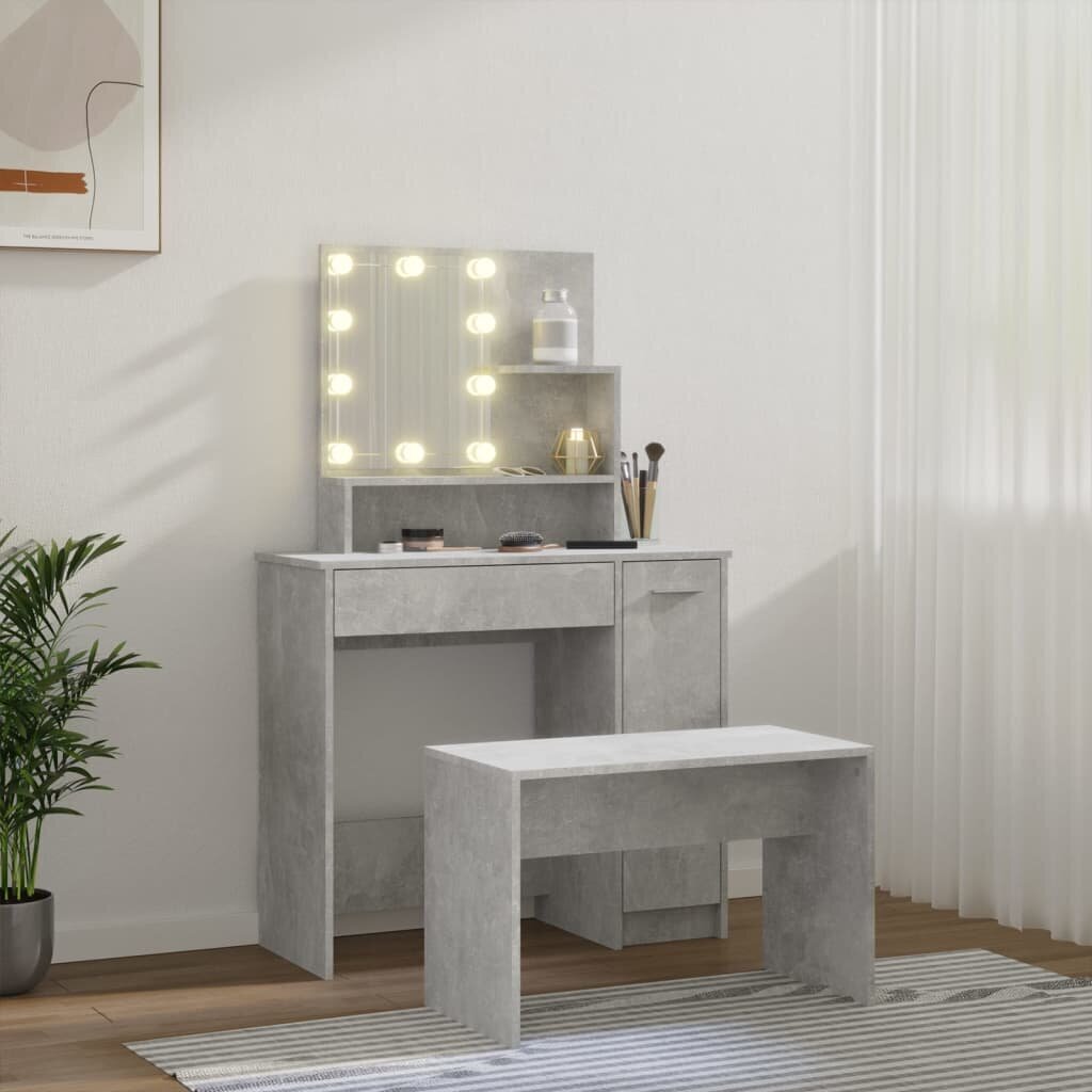 Tualetes galdiņa komplekts ar LED, betona pelēks, koka цена и информация | Kosmētikas galdiņi | 220.lv