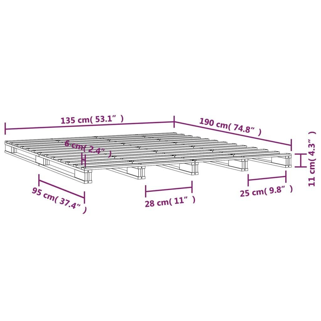 Gultas rāmis, balts, 135x190cm, priedes masīvkoks, divvietīgs cena un informācija | Gultas | 220.lv