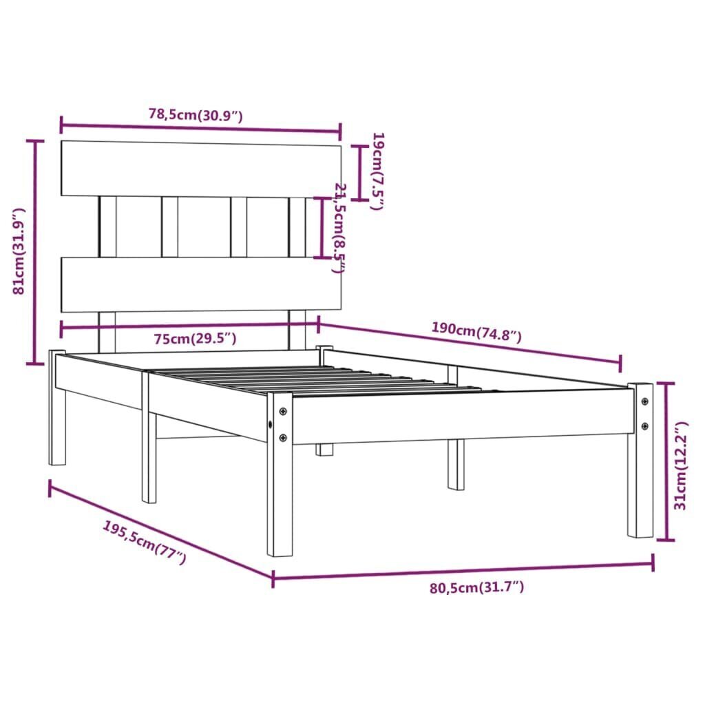 Gultas rāmis, melns, 75x190cm, masīvkoks, vienvietīgs cena un informācija | Gultas | 220.lv