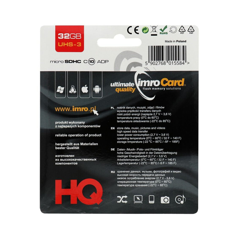 Atmiņas karte Imro microSD 32GB + adapteris / Class 10 UHS-3 cena un informācija | Atmiņas kartes fotokamerām | 220.lv