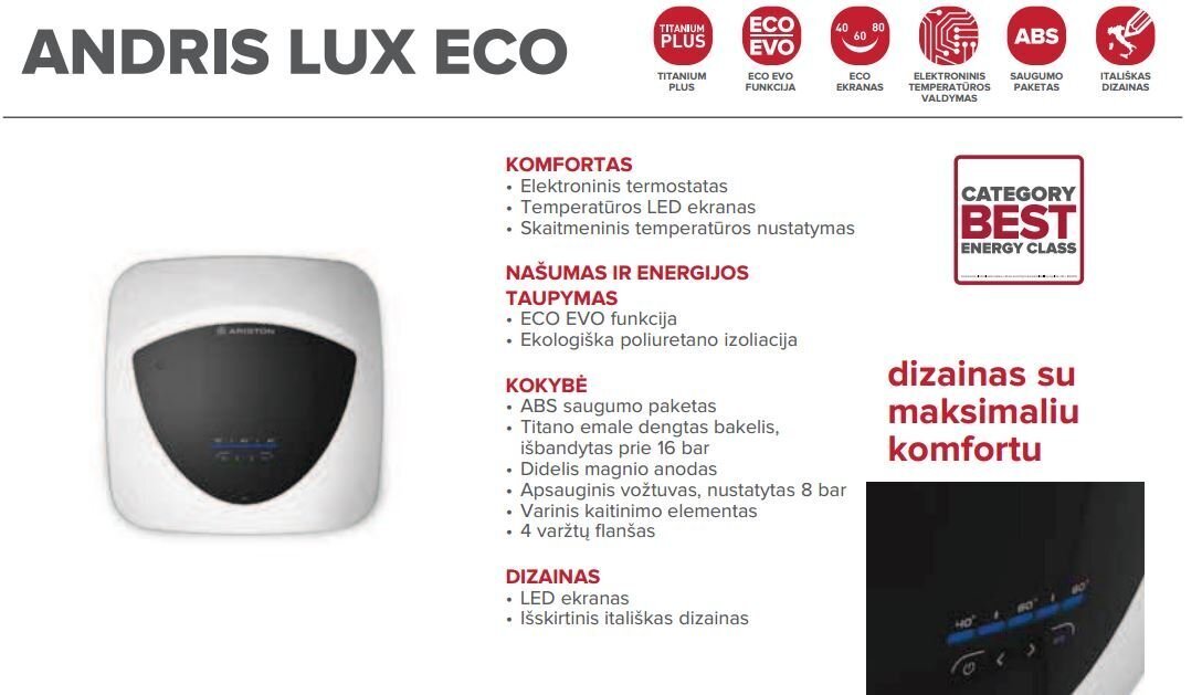 Ūdens sildītājs ANDRIS LUX ECO 15L, zem izlietnes цена и информация | Ūdens sildītāji | 220.lv