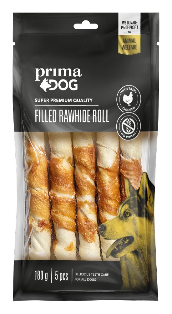 Gardums suņiem - košļājamais rullītis ar vistas apvalku, Primadog Filled rawhide roll with Chicken, 180 g cena un informācija | Gardumi suņiem | 220.lv