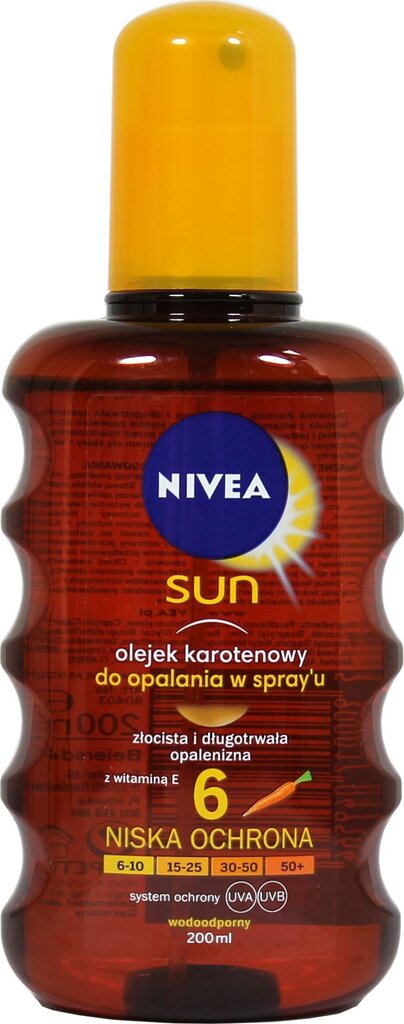 Pret sauli aizsargājošs eļļas sprejs SPF6 Nivea Sun, 200 ml цена и информация | Sauļošanās krēmi | 220.lv