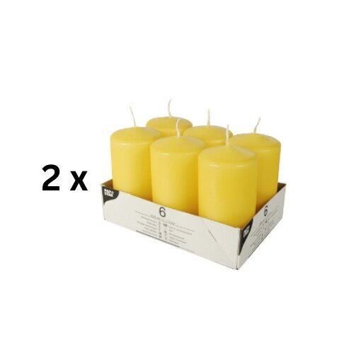 Svece - cilindriska, dzeltena, D 6 cm, A 11,5 cm, 24 h, 6 gab., iepakojumā 2 gab. cena un informācija | Sveces un svečturi | 220.lv