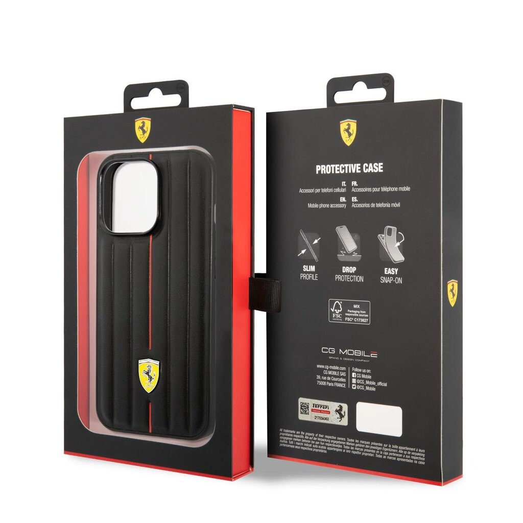 Ferrari Leather Embossed Stripes Case for iPhone 14 Pro Max Black cena un informācija | Telefonu vāciņi, maciņi | 220.lv