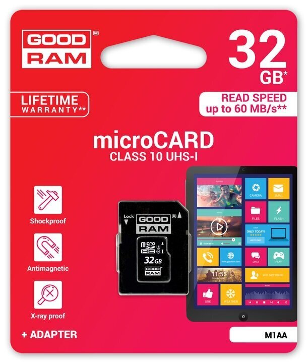 Atmiņas karte GOODRAM MICRO SD 32GB CLASS 10 UHS cena un informācija | Atmiņas kartes fotokamerām | 220.lv