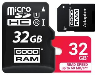 Atmiņas karte GOODRAM MICRO SD 32GB CLASS 10 UHS cena un informācija | Atmiņas kartes fotokamerām | 220.lv