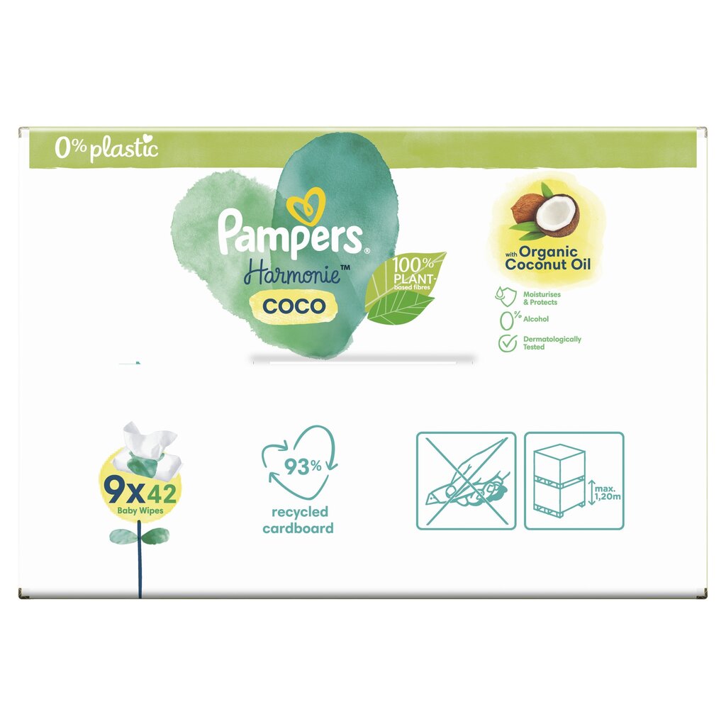 Mitrās salvetes Pampers Coconut Harm Free, 9x42gab. цена и информация | Mitrās salvetes, vienreizlietojamie paladziņi | 220.lv