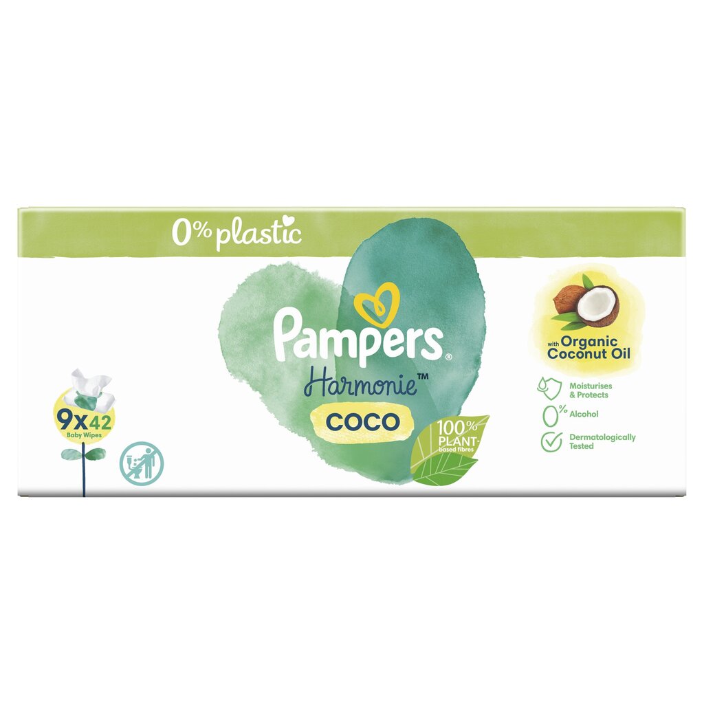 Mitrās salvetes Pampers Coconut Harm Free, 9x42gab. цена и информация | Mitrās salvetes, vienreizlietojamie paladziņi | 220.lv