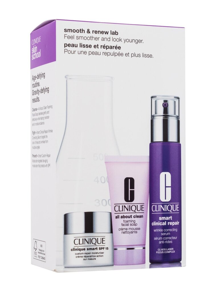 Sejas ādas kopšanas komplekts Clinique Smooth & Renew: Smart Clinical Repair grumbu koriģējošais serums, 30 ml + Smart Custom-Repair sejas krēms SPF15, 15 ml + Putojošas sejas ziepes, 30 ml cena un informācija | Serumi sejai, eļļas | 220.lv