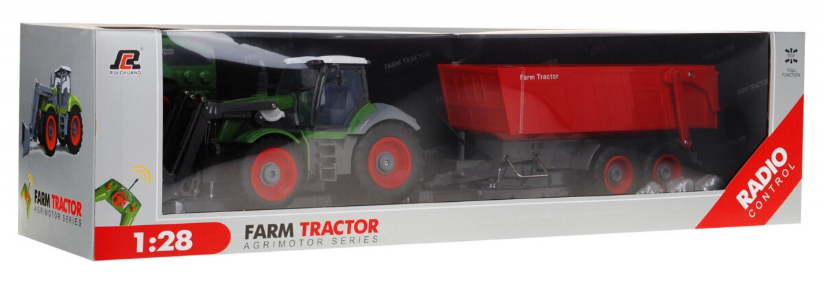 Tālvadības traktors ar piekabi 1:28, zaļš un sarkans цена и информация | Rotaļlietas zēniem | 220.lv