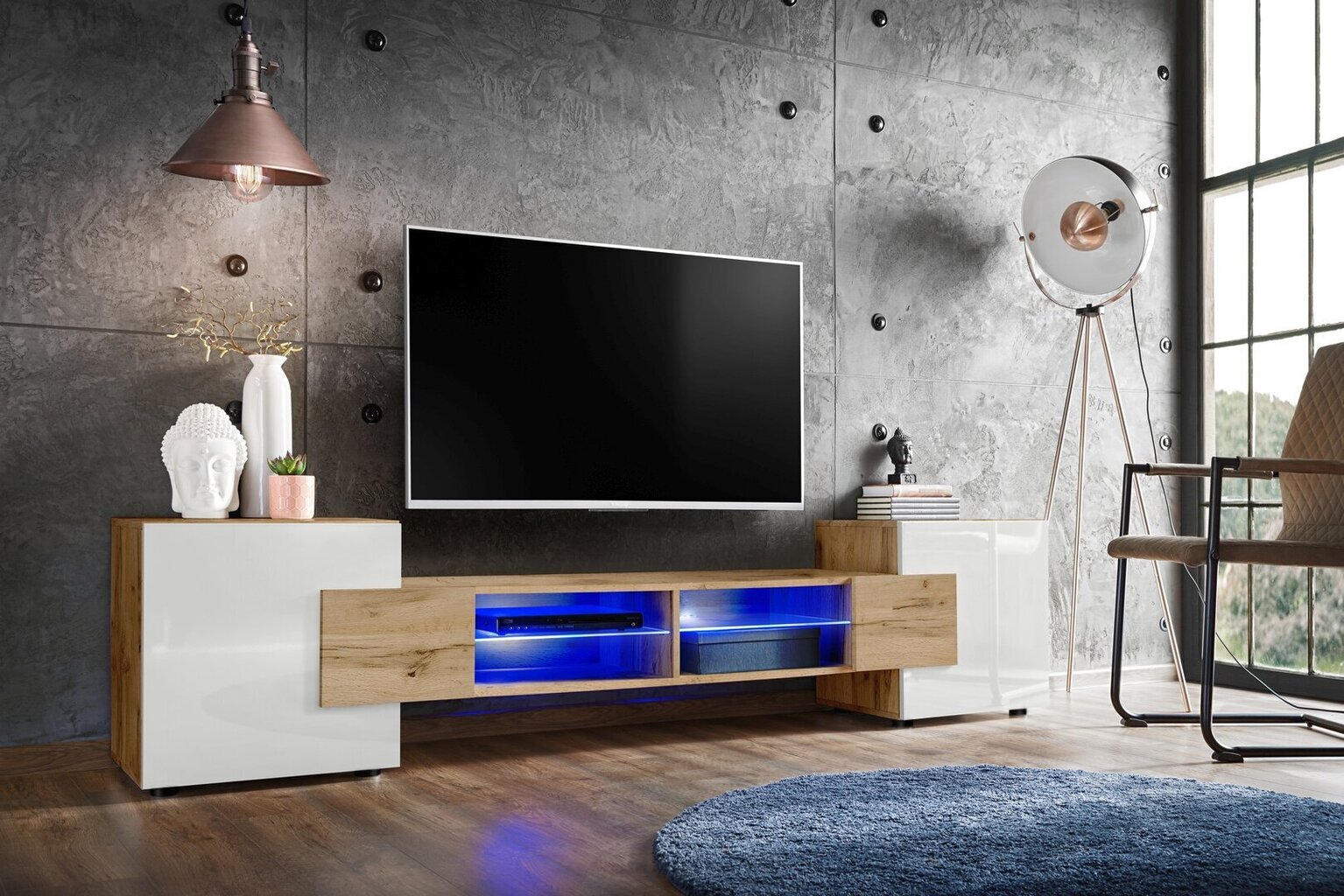 TV galdiņš, Viesistabas skapītis ar 2 stikla plauktiem un 2 durvīm, Zilas LED gaismas, Votāna karkass un balta priekšpuse cena un informācija | TV galdiņi | 220.lv