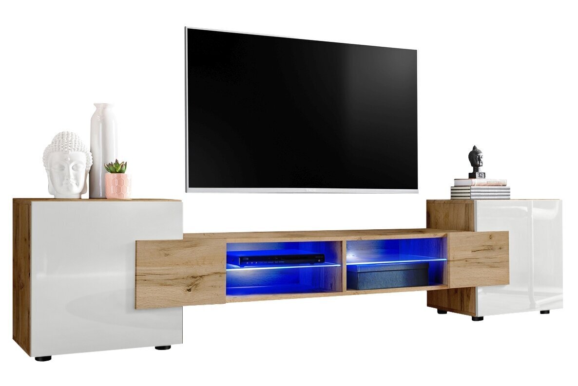 TV galdiņš, Viesistabas skapītis ar 2 stikla plauktiem un 2 durvīm, Zilas LED gaismas, Votāna karkass un balta priekšpuse цена и информация | TV galdiņi | 220.lv