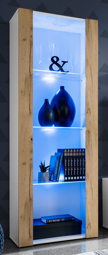 Extreme Furniture OPEN V159 skapītis, Viesistabas skapītis ar 3 stikla plauktiem, Zilas LED gaismas, Balts karkass un balta votāna cena un informācija | Skapīši viesistabai | 220.lv