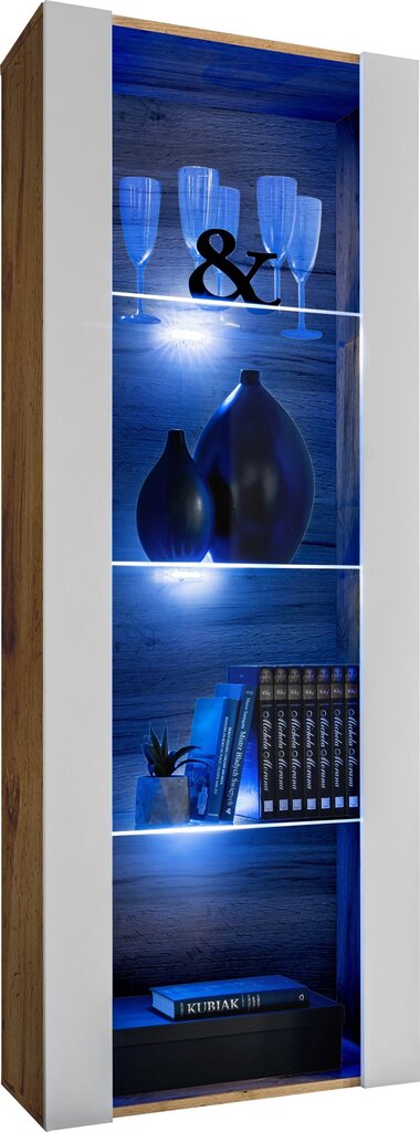 Extreme Furniture OPEN V159 skapītis, Viesistabas skapītis ar 3 stikla plauktiem, Zilas LED gaismas, Votāna karkass un balta priekšpuse cena un informācija | Skapīši viesistabai | 220.lv