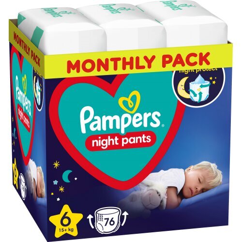 Autiņbiksītes - biksītes Pampers Night Pants Monthly Pack, 6. izmērs, 15+ kg, 76 gab. cena un informācija | Autiņbiksītes | 220.lv