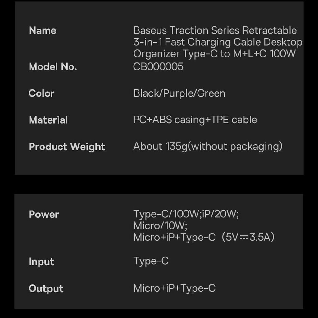 Baseus 3-in-1 USB Type C - micro USB / USB Type C / Lightning, 100 W 1.7 m (CAQY000006) cena un informācija | Adapteri un USB centrmezgli | 220.lv