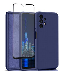 Komplekts-vāciņš Samsung Galaxy A13 / A13 4G (real liquid silicone Easy Clean), tumši zils + aizsargstikls Premium 5D cena un informācija | Telefonu vāciņi, maciņi | 220.lv
