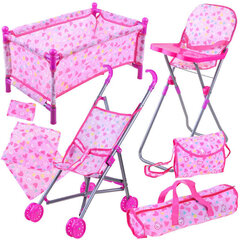 Кукольный набор 5в1 с кроваткой, коляской и стулом цена и информация | Игрушки для девочек | 220.lv