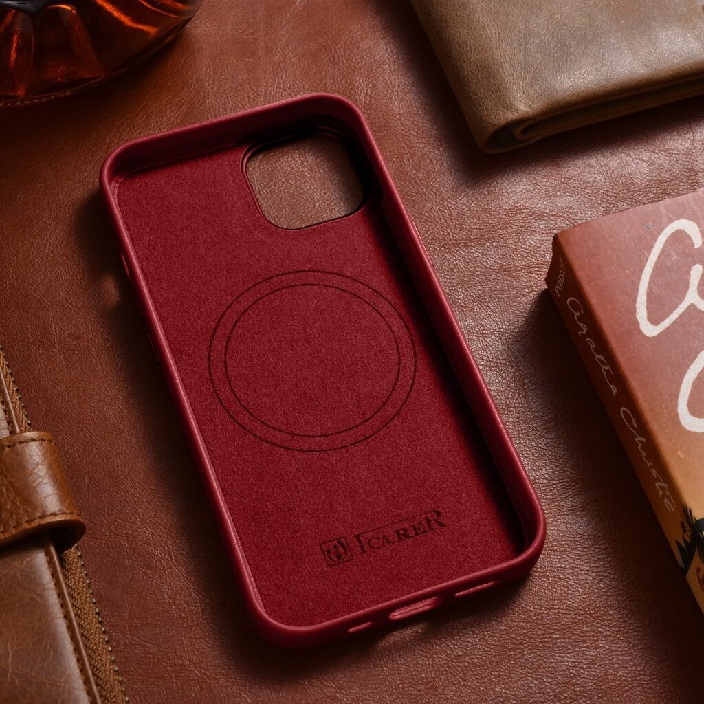 iCarer Leather iPhone 14 Plus red (MagSafe compatible) cena un informācija | Telefonu vāciņi, maciņi | 220.lv