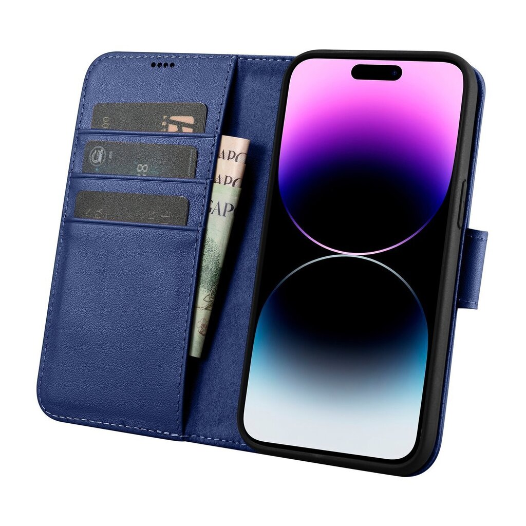 iCarer 2in1 iPhone 14 Pro Max Leather Flip Anti-RFID blue (WMI14220728-BU) cena un informācija | Telefonu vāciņi, maciņi | 220.lv