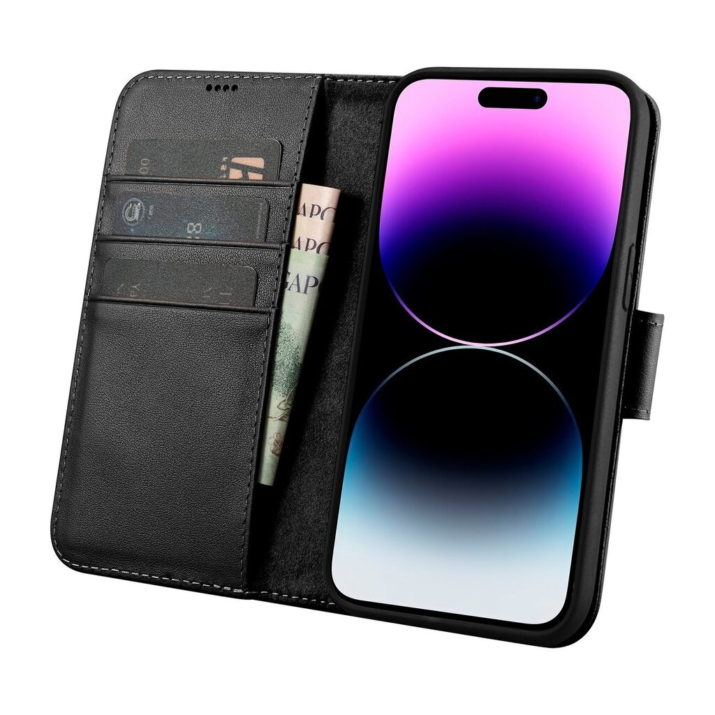 iCarer 2in1 iPhone 14 Pro Leather Flip Anti-RFID black (WMI14220726-BK) cena un informācija | Telefonu vāciņi, maciņi | 220.lv