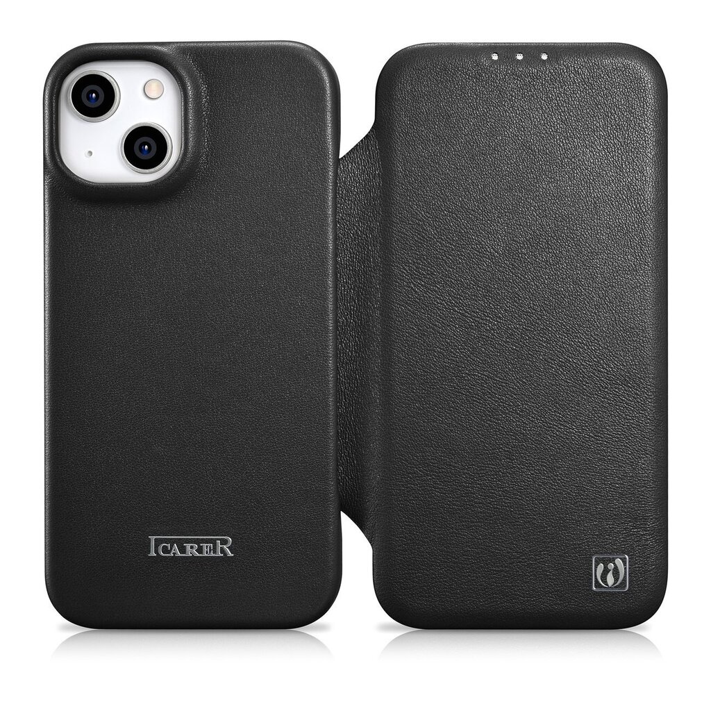 iCarer Leather iPhone 14 Plus Flip Magnetic MagSafe Black (WMI14220715-BK) cena un informācija | Telefonu vāciņi, maciņi | 220.lv