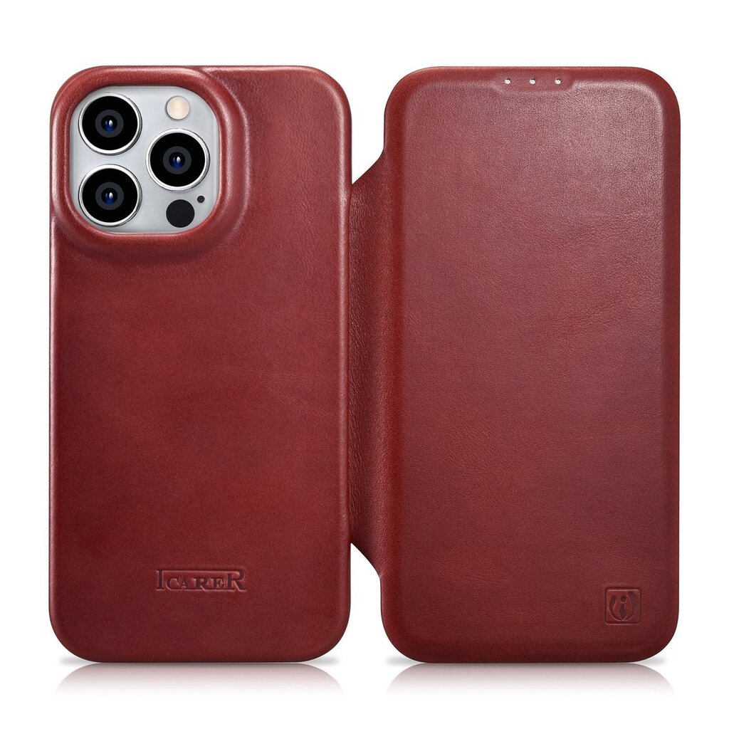 iCarer Leather iPhone 14 Pro Max Flip Magnetic MagSafe Red (AKI14220708-RD) cena un informācija | Telefonu vāciņi, maciņi | 220.lv